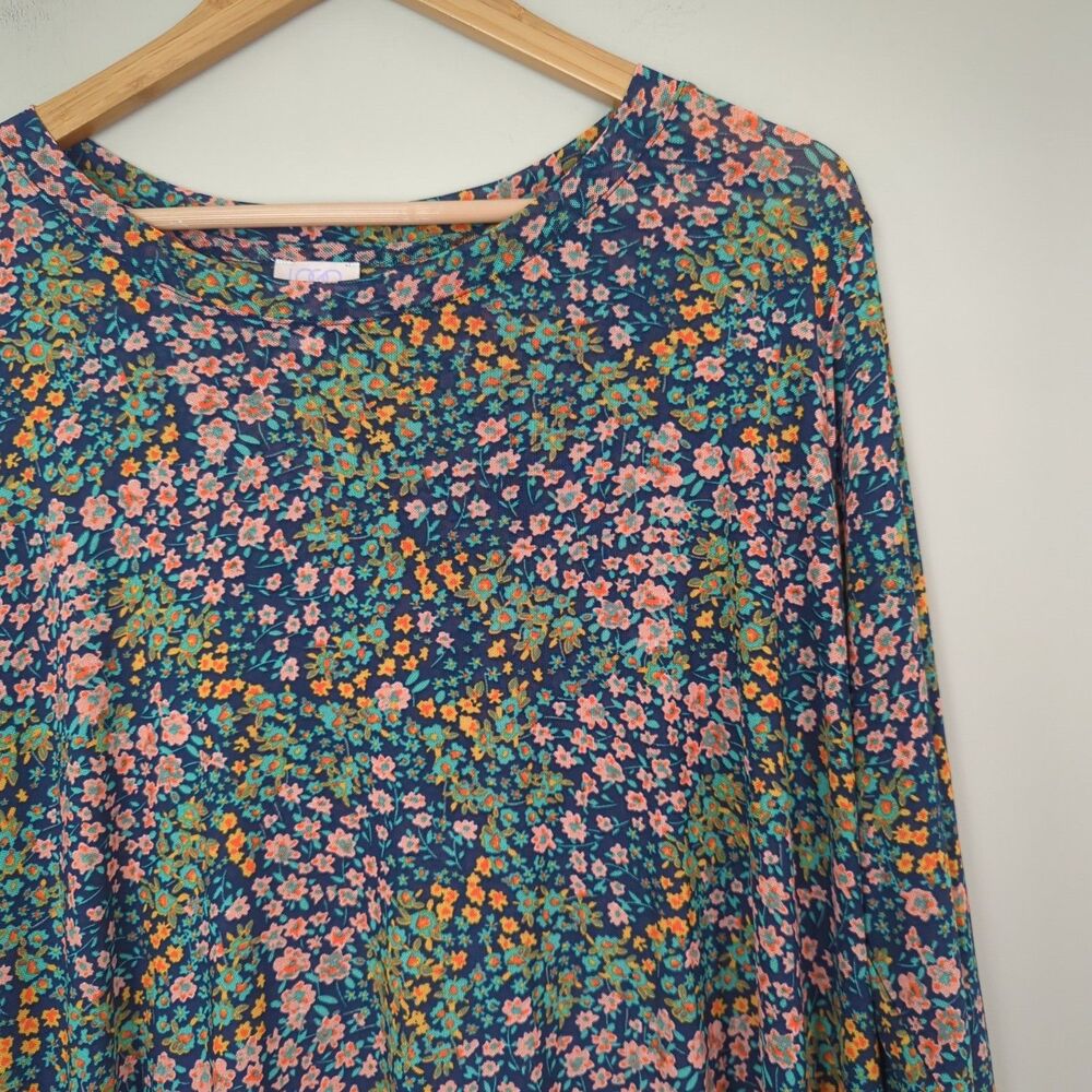 LOGO Layers Lori Goldstein Blue Green Floral Mesh 3/4 Sleeve Top 1X Plus - Picture 3 of 10
